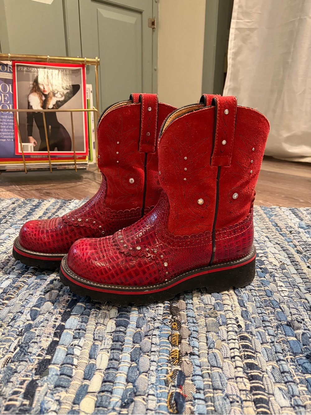 Ariat Fat Baby Red Embossed Western Boots with Stud Detailing
